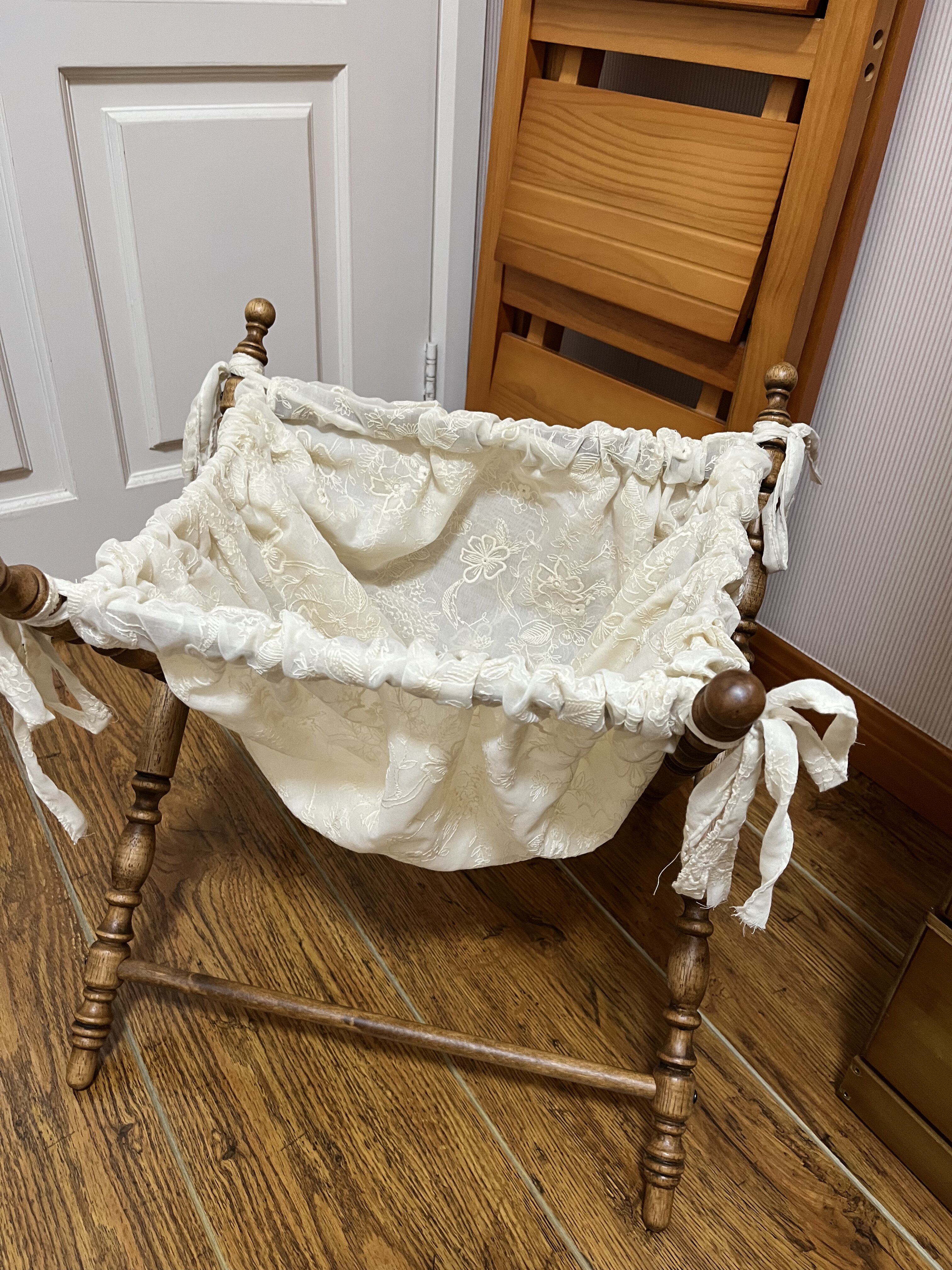 wooden storage basket for pet toys in a customer's home - Vintage French Fabric Pet Storage Hamper